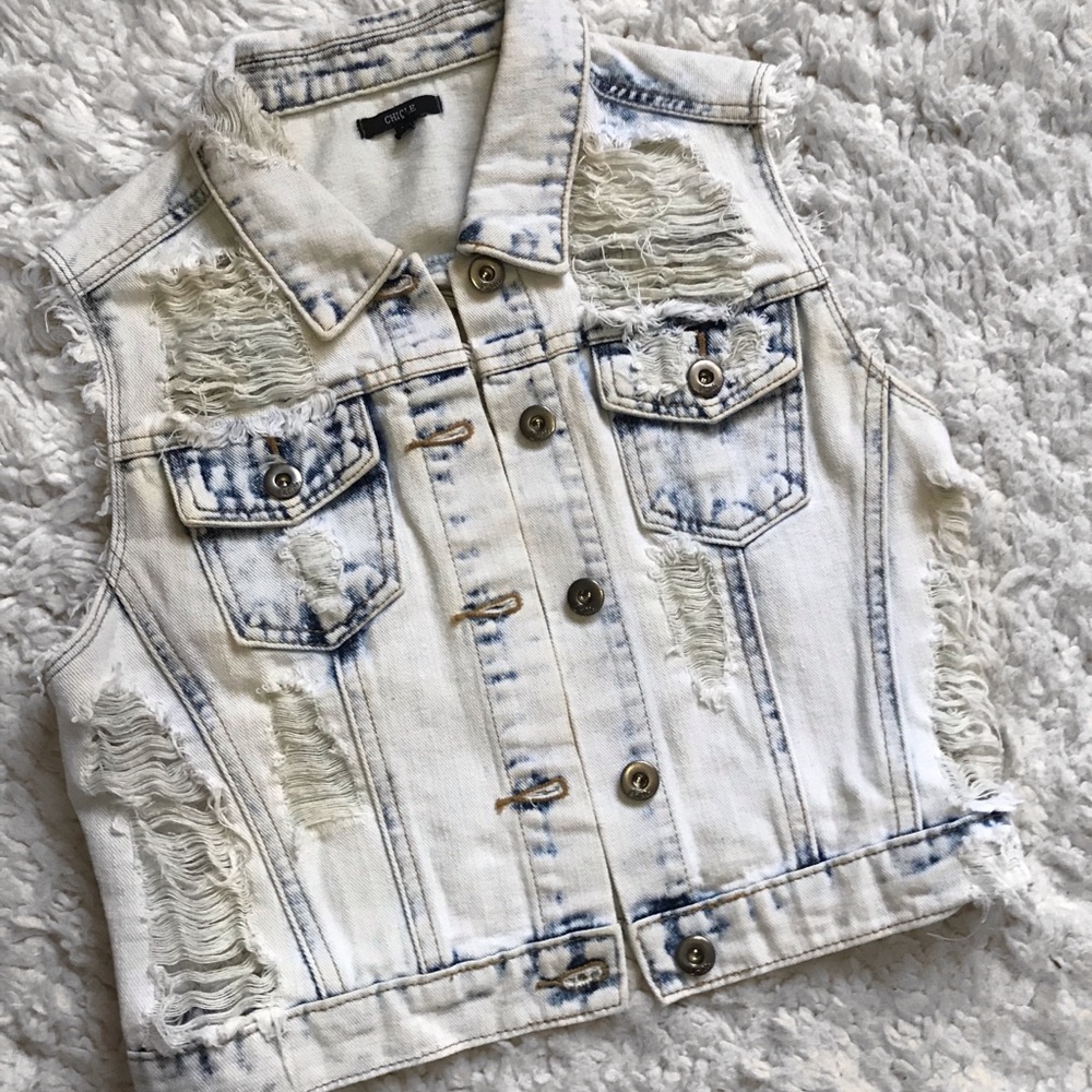 Chiqle Denim Architect Distressed Jean Vest Jacket